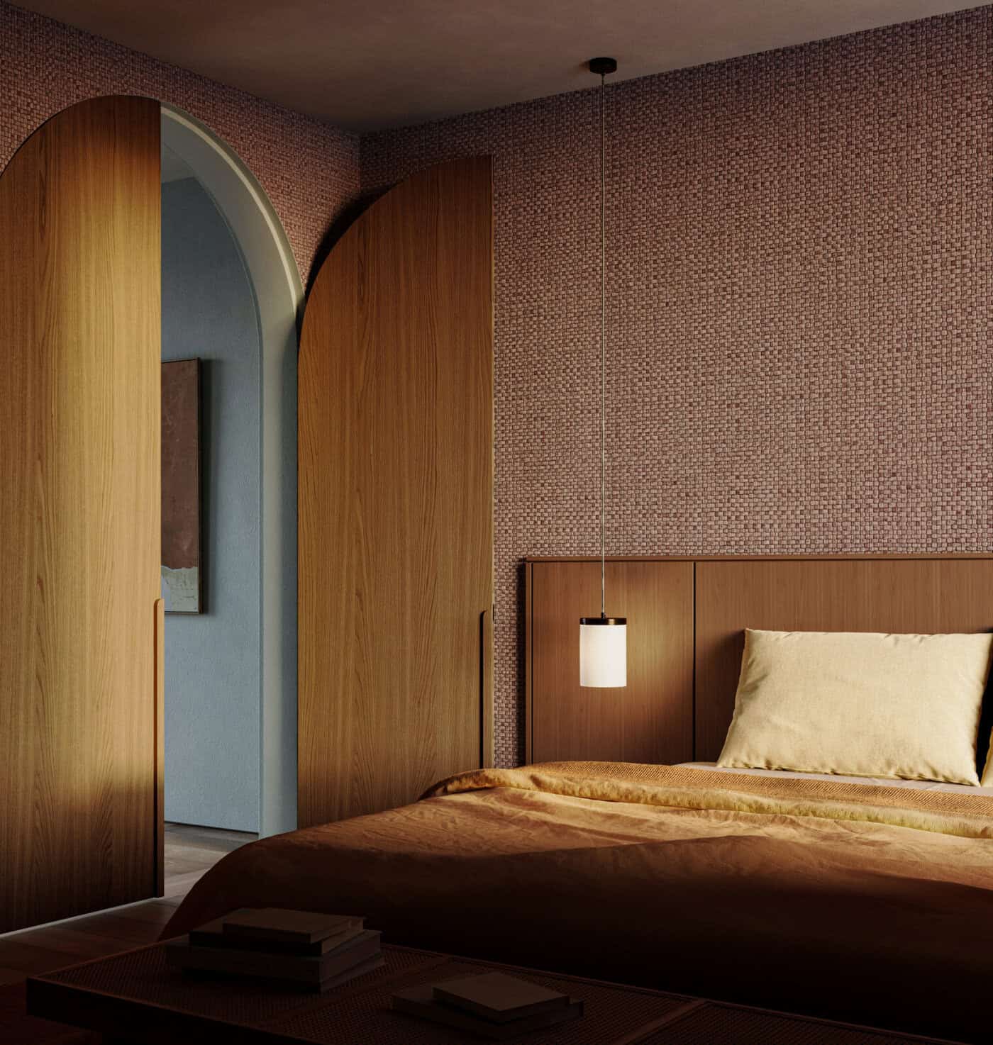slaapkamer met behang in aardetint en textuur