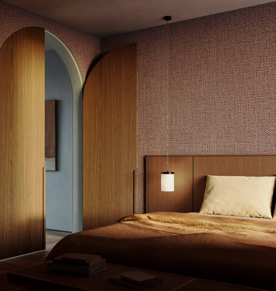 slaapkamer met behang in aardetint en textuur