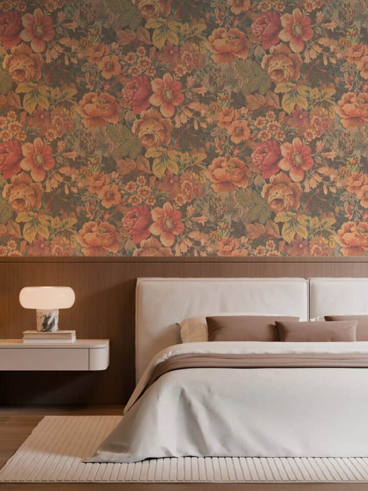 behangpapier in slaapkamer met botanisch patroon