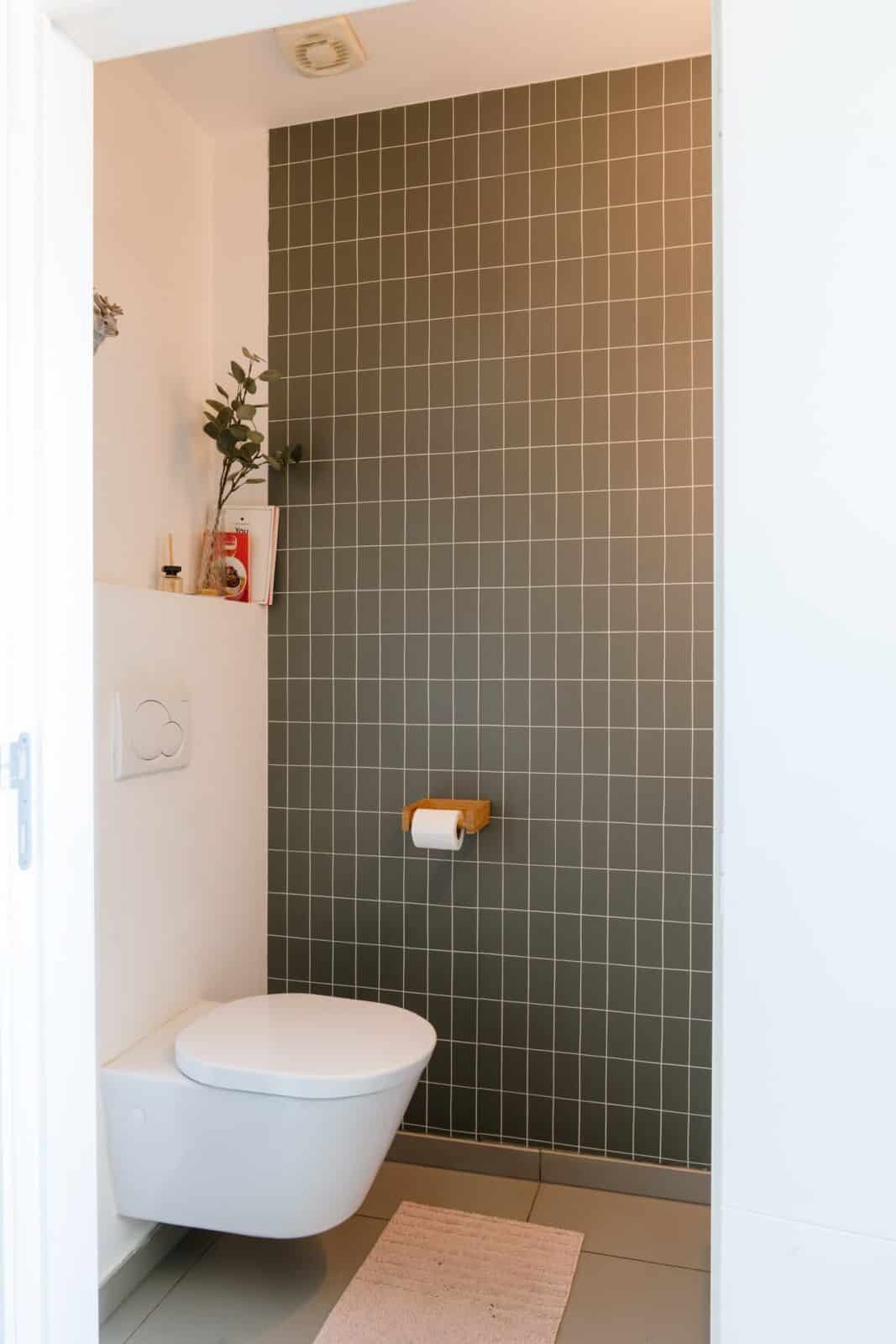 Grijs-groen tegelbehang in gastentoilet met houten toiletrolhouder — woning Mol