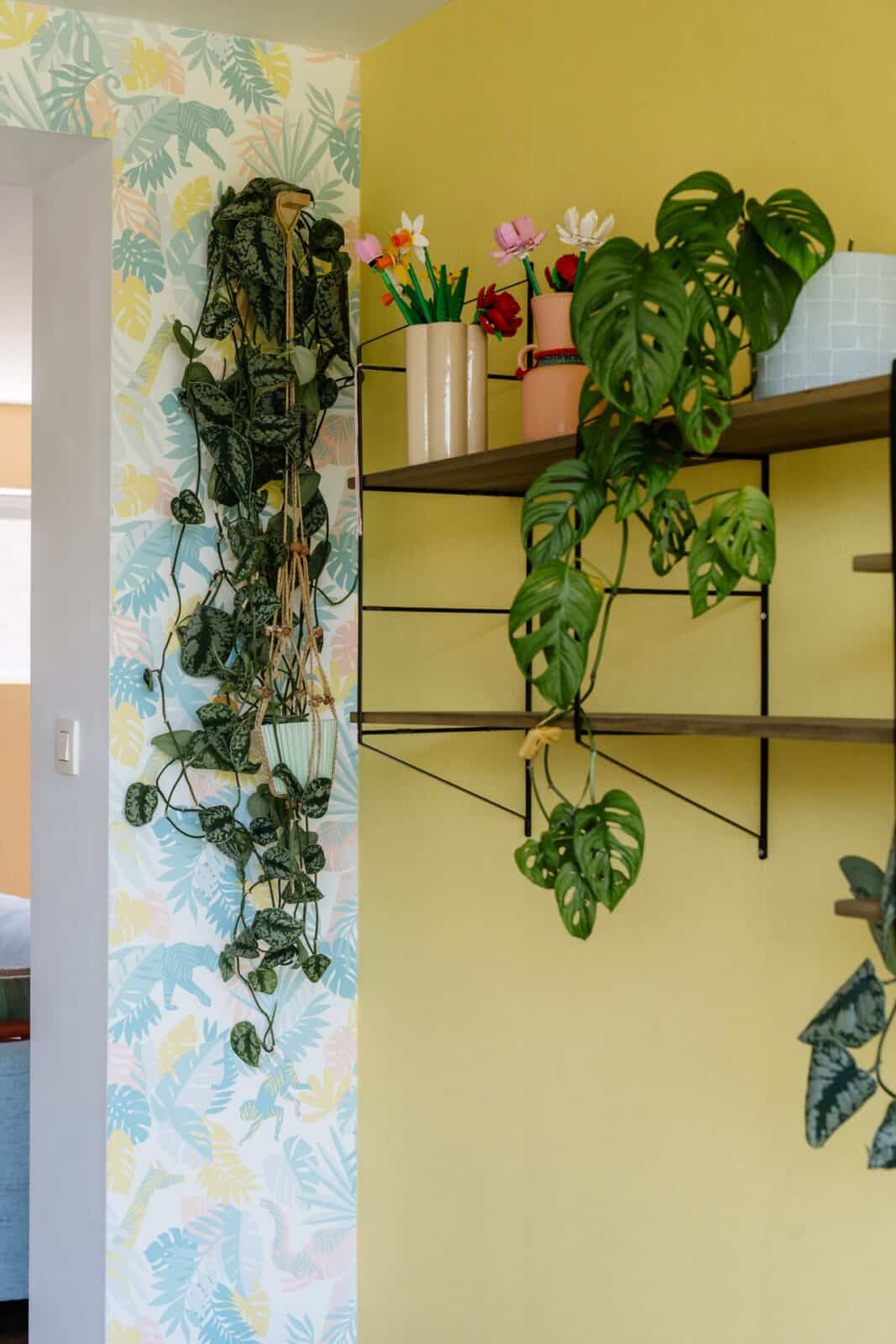 Tropisch junglebebehang naast okergele wand met hangplanten en wandrek — woning Mol